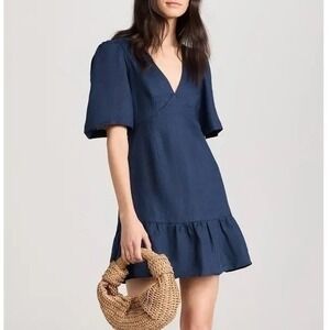 Rhode Mariana Linen Mini Dress Womens Size 4 Navy Milkmaid Babydoll Quiet Luxury